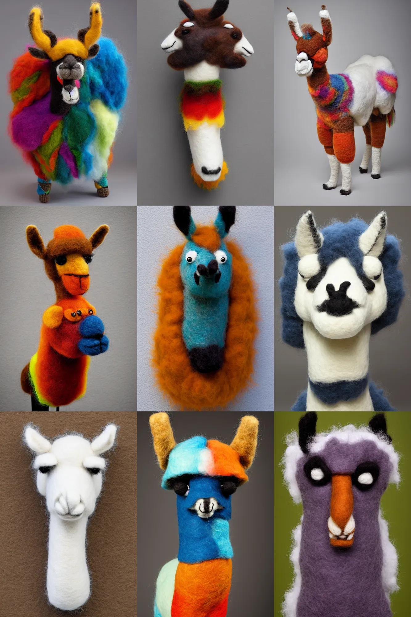 Prompt: highly rhythmic expressionistic wild symmetrical furry felt llama portrait pleasing palette trending on artstation super fluffy sculpture, felted, crocheting, HQ 8k scan