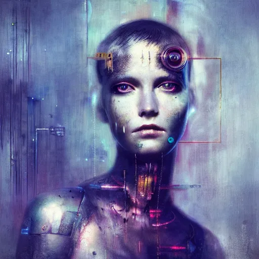 Prompt: female cyberpunk portrait by cy Twombly and BASTIEN LECOUFFE DEHARME and zhang jingna, iridescent,