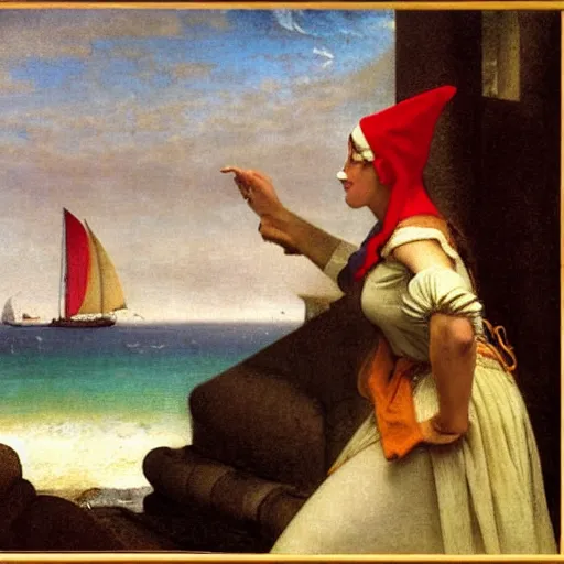 Image similar to A girl with jester hat and clothes on a greek circle archi on the front of a Balustrade with a beach and a sail boat on the background, major arcana cards, by paul delaroche and arnold böcklin hyperrealistic 8k, very detailed