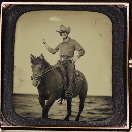 Image similar to tintype photo, bottom of the ocean, cowboy riding unicorn