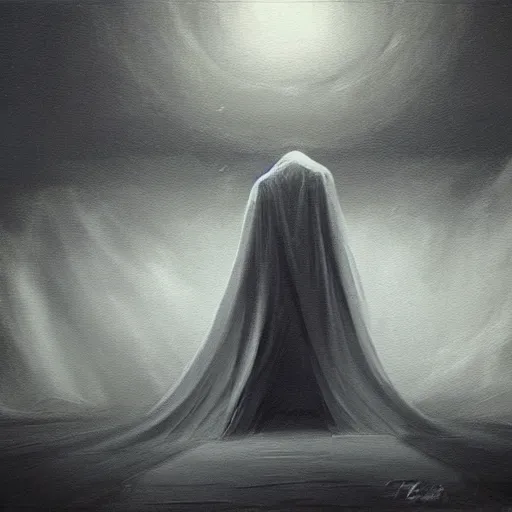 Image similar to ominous bedsheet ghost standing in front of a cars headlights late at night, oil painting, brush strokes, highly ornate intricate detail, gloomy mood,