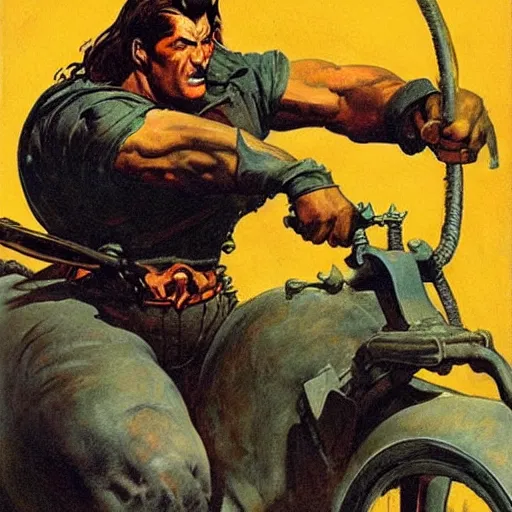 Image similar to into glory ride, artwork by Frank Frazetta, motorcycle, muscular man riding into battle holding sword