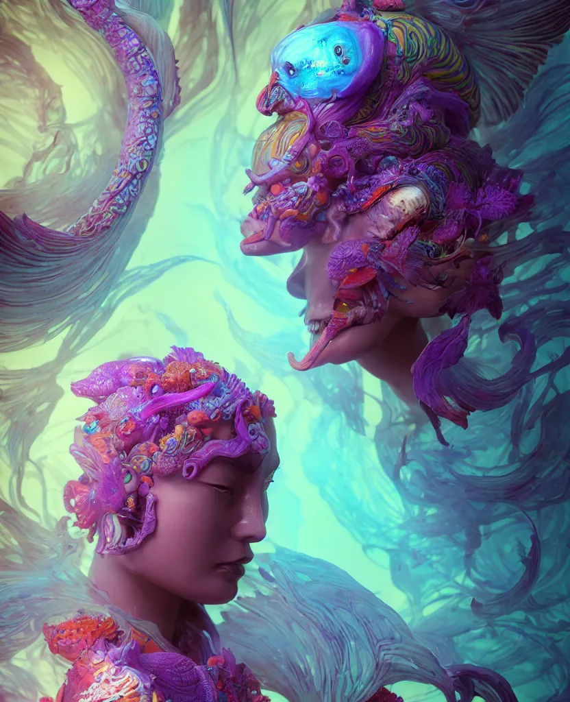 Image similar to goddess full color painted acryllic sculpture close-up portrait. orchid bird phoenix head, nautilus, skull, betta fish, bioluminiscent creatures, intricate artwork by Tooth Wu and wlop and beeple. octane render, trending on artstation, greg rutkowski very coherent symmetrical artwork. cinematic, hyper realism, high detail, octane render, 8k