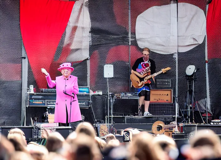 Prompt: photo still of queen elizabeth on stage at vans warped tour!!!!!!!! at age 7 0 years old 7 0 years of age!!!!!!! shredding a guitar on stage, 8 k, 8 5 mm f 1. 8, studio lighting, rim light, right side key light