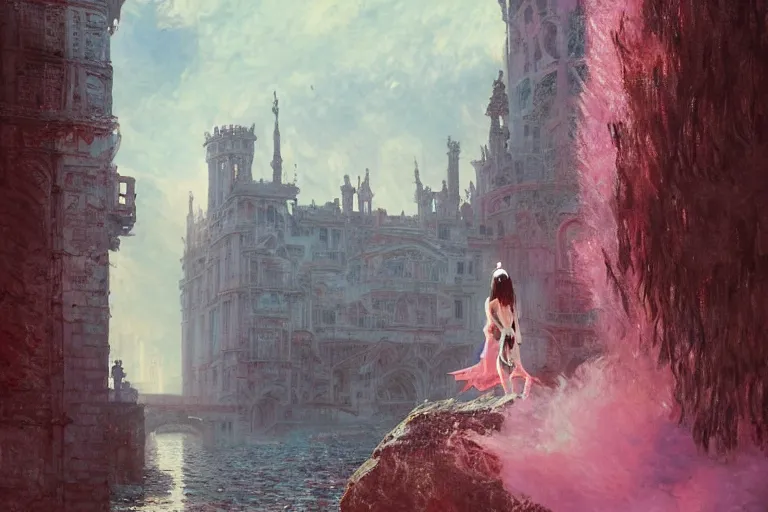 Prompt: lee jin - eun emerging from pink water in cyberpunk theme looking at an opening interstellar portal to renaissance italy, the portal opens to chateau de chambord, by greg rutkowski, claude monet, conrad roset, takato yomamoto, james jean, rule of thirds, seductive look, beautiful