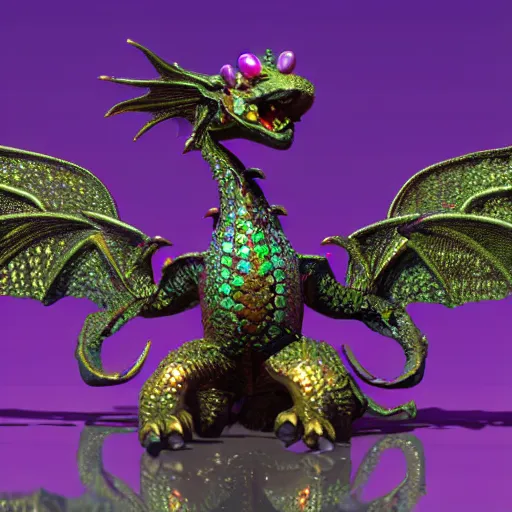 Image similar to a fabergé dragon statue, detailed with gemstones around his back, pearl wings and ruby eyes, realistic, epic, renderized with unreal engine 5