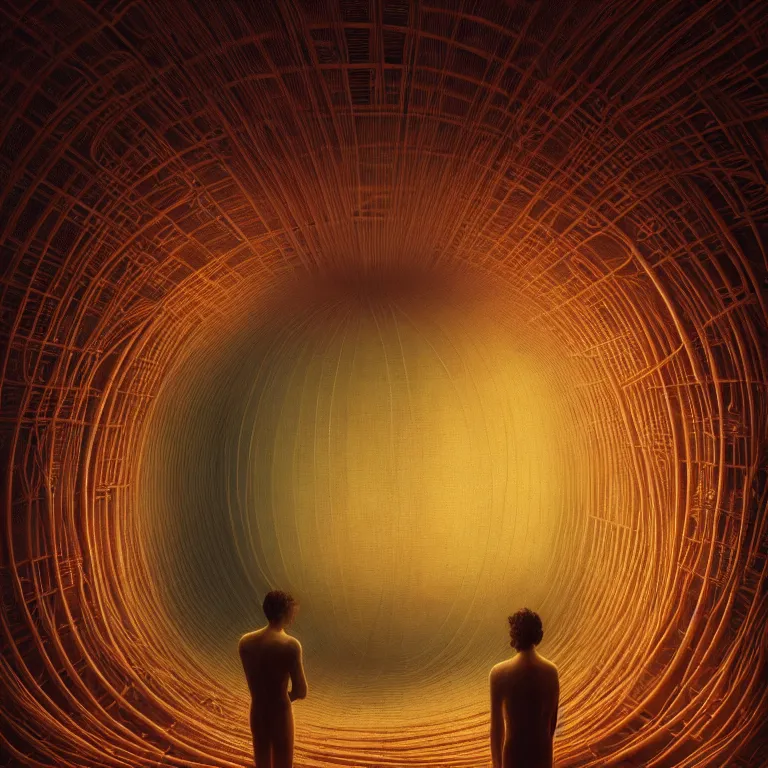 Image similar to beautiful man in spaceship interior covered with tubes wires by beksinski, soft bloom glow lucid dream - like atmosphere, baroque painting, perfect composition, detailed octane render trending on artstation, 8 k artistic photography, volumetric cinematic perfect light, chiaroscuro, masterpiece, raphael, caravaggio, beksinski, rutkowski, beeple