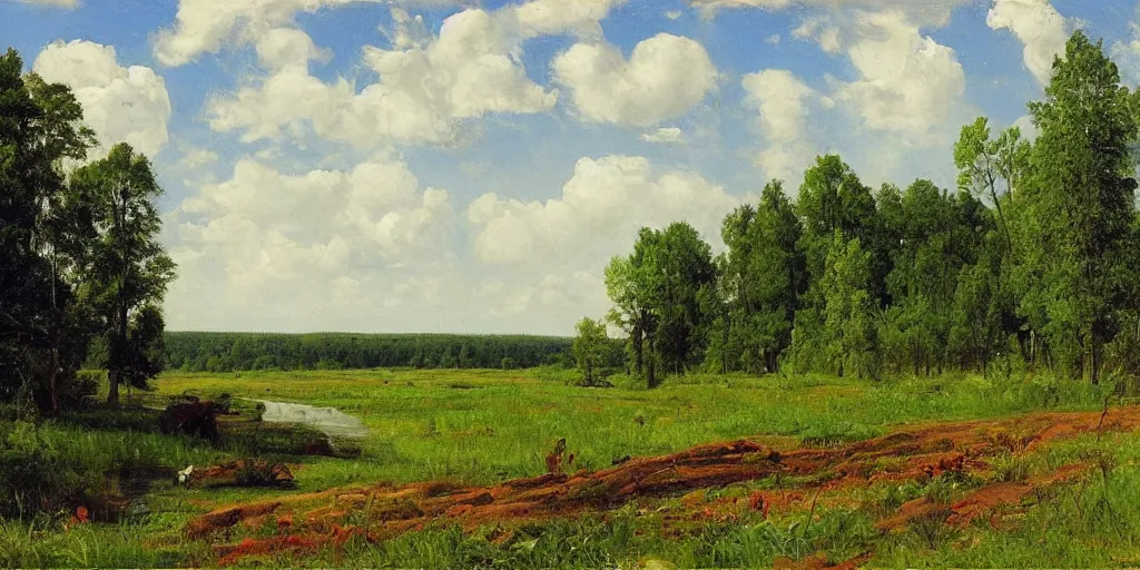 Prompt: summer landscape, blooming lush field, forest, river, matte painting, by Isaac Levitan and Vasily Perov