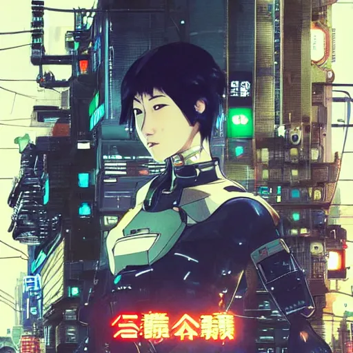 Prompt: a japanese cyberpunk android hacker, finely detailed features, cyborg robot parts with glowing lights!, dramatic cinematic, night, at cyberpunk city, ghost in the shell, akira, noir, painted by greg rutkowski makoto shinkai takashi takeuchi craig mullins, alphonse mucha, studio ghibli, pixiv