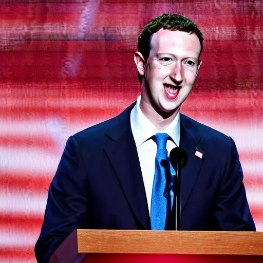 Image similar to detailed photos of mark zuckerburg at the republican national convention podium as the republican presidential candidate, photos, event photos, canon mark ii, f / 1. 2, focused photo