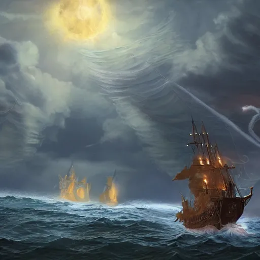 Image similar to fantasy fireship crossing an ocean, high detail, fantasy art, concept art, 4 k, ultra detail, computer art