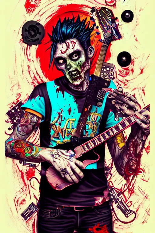 Image similar to zombie punk rocker playing guitar, tristan eaton, victo ngai, artgerm, rhads, ross draws, intricated details, 3 / 4 view, full body portrait