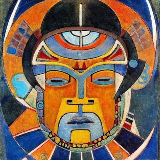 Image similar to head of a beautiful machine shaman wearing a mask made of enamelled flowers, by annie swynnerton and jean delville and john watkiss and rufino tamayo and diego rivera, art deco shaman, stylized geometric flowers, art brut, symbolist, dramatic lighting, god rays, clean crisp graphics, smooth sharp focus, extremely detailed, adolf wolfli