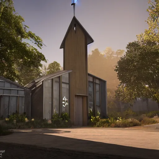 Image similar to solarpunk chapel from the outside, beautiful lighting, photorealistic, detailed, unreal engine 5