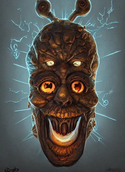 Image similar to occult fred flinstone with glowing haunted eyes, metal skin, intricate, elegant, highly detailed, centered, digital painting, artstation, concept art