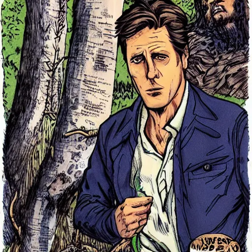 Image similar to hugh grant man vs wild, born survivor, beard, forest, fear, worms, bonfire, mud, man in white t - shirt, art by eisner will,