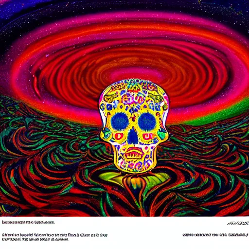 Image similar to dia de los muertos lamp in a quantum wormhole, juxtapoz, artforum, james eads