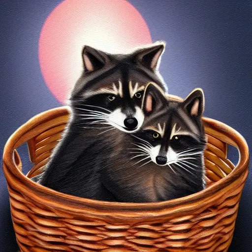 Image similar to a beautiful and realistic picture of a cat and a raccoon cuddling in a basket with a red sunset behind, photo realistic 4K, shot with a 35mm, very detailled, trending on Artstation