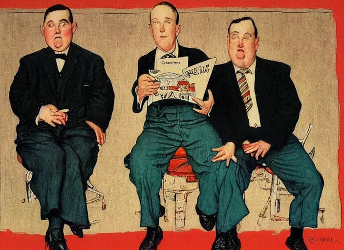 Image similar to “ painting of stan laurel and oliver hardy, by norman rockwell and robert crumb, coloured ”