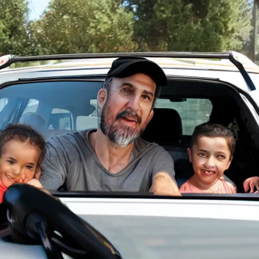 Prompt: a jewish man driving his kids home in the suv