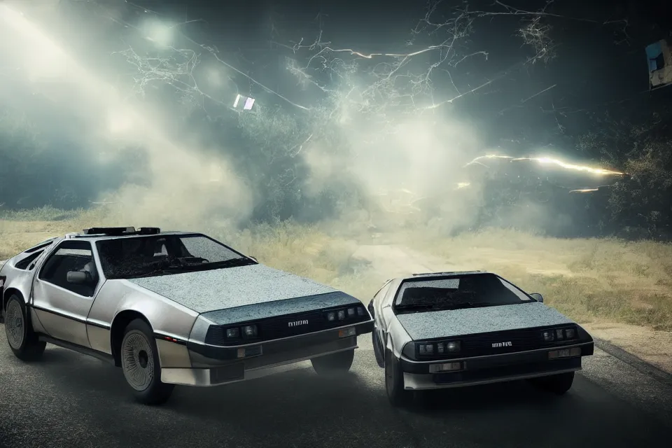 Image similar to ultra realistic delorean dmc 5 and toyta trueno ae 8 6 do parallel drift on road wreckage orbiting earth in space, dark cinematic, volumetric, realistic, 3 d render, realistic render, cinematic lighting, volumetric lighting, atmospheric, cinematic, unreal engine 5, unreal engine render, octane render, hd, photorealism, hyper realistic, 8 k