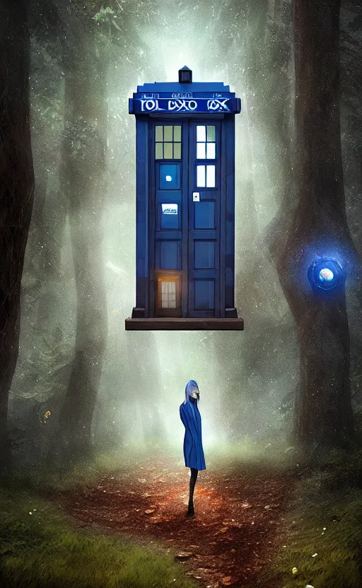 Image similar to a portrait of a tardis, in the woods, dynamic lighting, photorealistic fantasy concept art, trending on art station, stunning visuals, creative, cinematic, ultra detailed