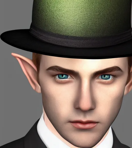 Image similar to an elf in a suit, gatsby hat, detailed portrait, detailed face, perfect lighting hd, 4 k, realistic, photorealistic