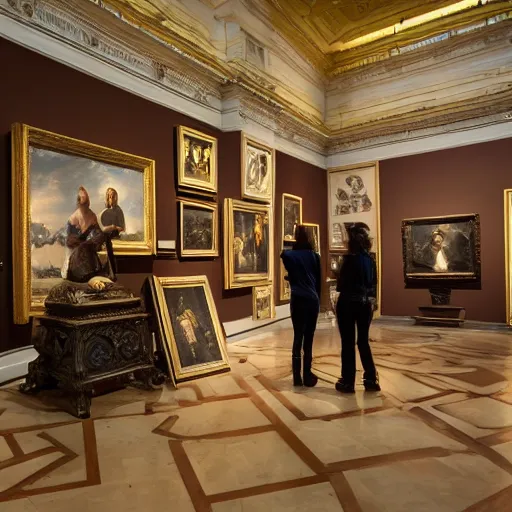 Prompt: a professional photo of a museum full of classical oil paintings. on the floor there is a futuristic hi tech humanoid holding a camera.