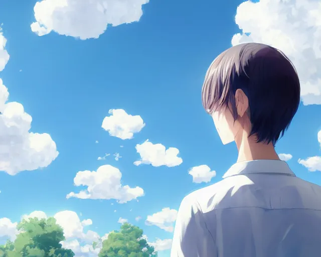 Image similar to teen looking at blue sky, wearing white shirt, back turned, looking up, illustration, by pine ( ハイネ ) and 薯 子 imoko and 香 川 悠 作 and wlop and maya takamura, highly detailed, trending artstation, pixiv, digital art