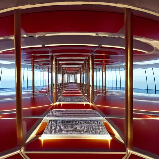 Image similar to futuristic space station with gold, red and white marble panels, by santiago calatrava, intricate contemporary architecture, photo journalism, photography, cinematic, national geographic photoshoot