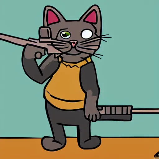 Prompt: cartoon cat holding assault rifle