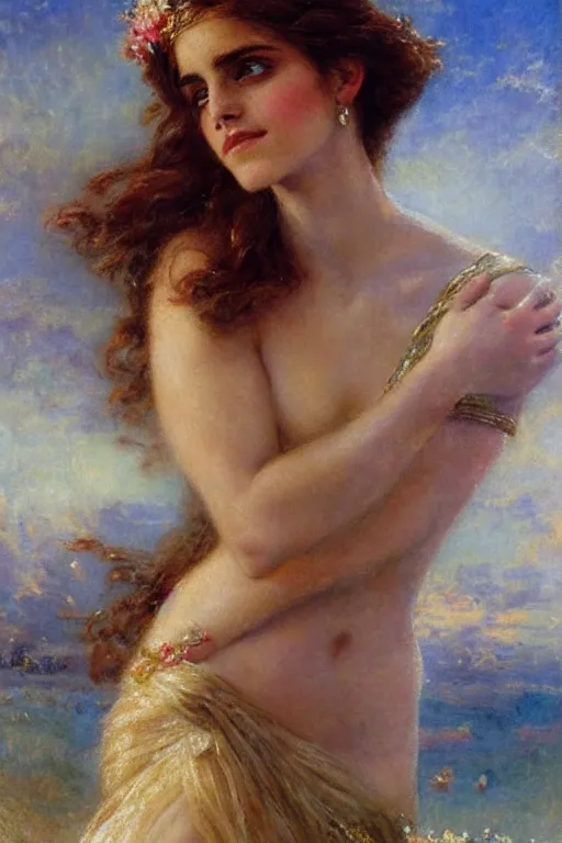 Prompt: portrait of emma watson as the goddess aphrodite. art by gaston bussiere.