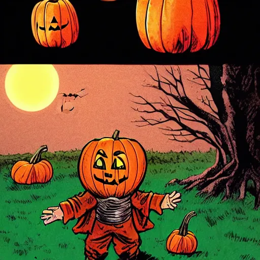 Image similar to Sam from Trick R Treat, stands in front of pumpkin filled lawn at Night, Halloween comic book, comic book art in the style of frank miller