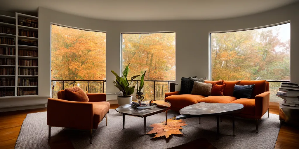 Prompt: wide angle photograph, atmospheric, light bloom, autumn fog outside, sunlight shining through windows, reflections, award winning contemporary interior design, cozy and calm, fabrics and textiles, colorful accents, brass, copper, secluded, many light sources, lamps, oiled hardwood floors, book shelf, couch, desk, balcony door, plants