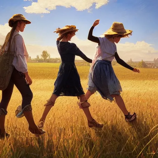 Image similar to ultra realistic illustration of three young friends walking on rails through the fields of hay, sunny summer day, nice mood, highly detailed, digital painting, artstation, concept art, smooth, sharp focus, illustration, art by artgerm and greg rutkowski and alphonse mucha