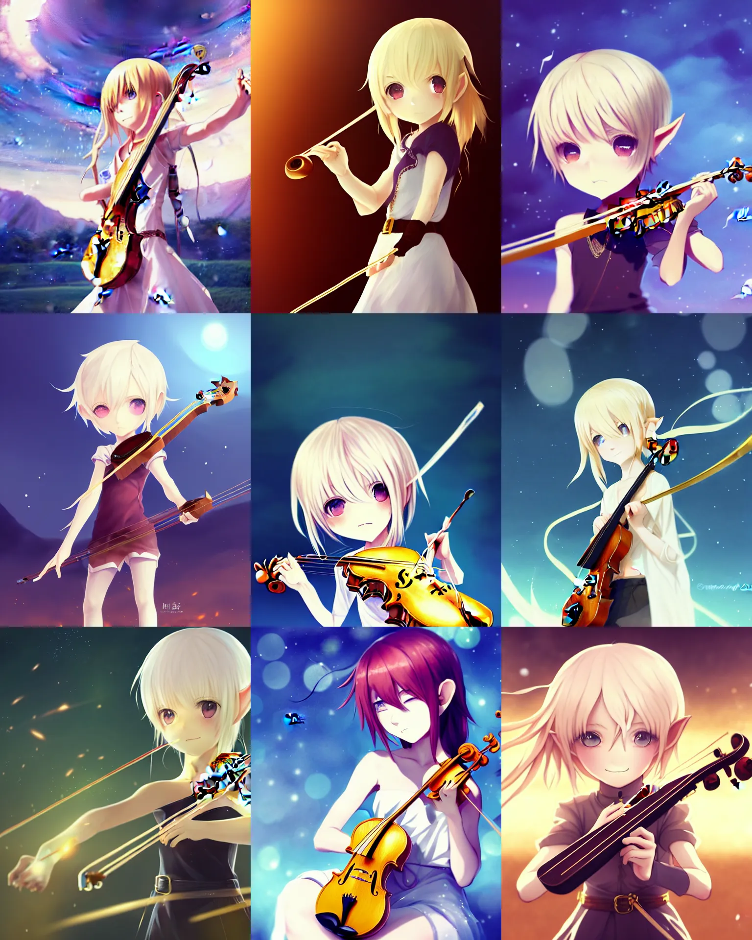 Prompt: chibi, cute, female, full body, elf girl with white skin and golden hair holding a violin, playing a song, stunning art style, trending art, sharp focus, centered, fate zero, simple background, studio ghibly makoto shinkai yuji yamaguchi, by wlop