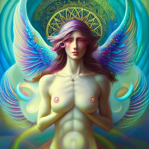 Prompt: psychedelic angelic celestial being artwork of hieu and peter mohrbacher, ayahuasca, energy body, sacred geometry, esoteric art, rainbow colors, divinity
