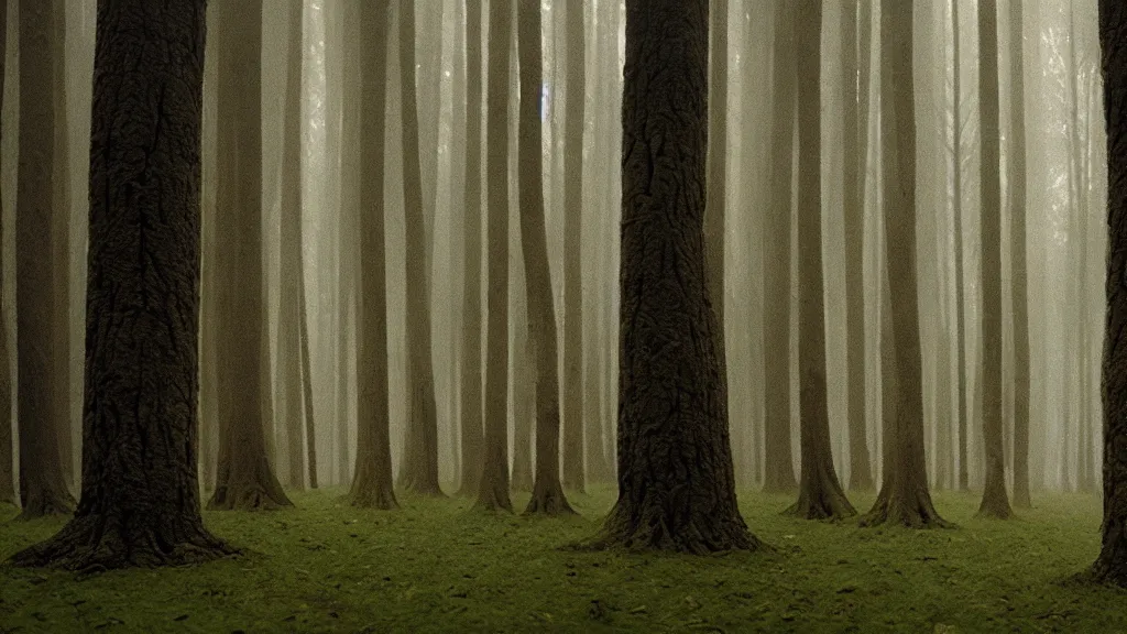 Image similar to can't see the forest through the trees, film still from the movie directed by denis villeneuve and david cronenberg with art direction by zdzisław beksinski and dr. seuss