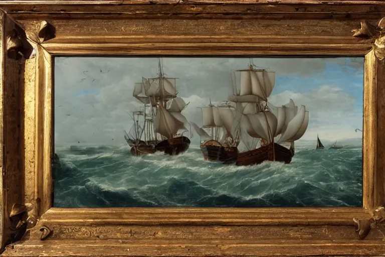 Prompt: an old 1 8 th century boat chasing a whale, the boat is filled with football players, the whale tail breaks the surface american oil painting in a frame