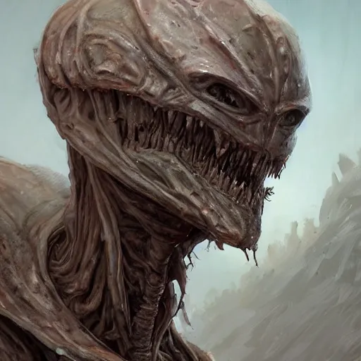 Prompt: clear portrait of a anorexic alien monster, hideous appearance, ripped armor, malnourished, cottagecore!!, background hyper detailed, character concept, full body, dynamic pose, intricate, elegant, highly detailed, digital painting, artstation, concept art, smooth, sharp focus, illustration, art by artgerm and greg rutkowski and alphonse mucha