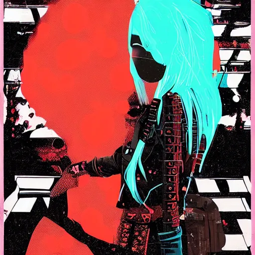 Prompt: Highly detailed portrait of a post-cyberpunk punk young lady with, freckles and beautiful hair by Atey Ghailan, by Loish, by Bryan Lee O'Malley, by Cliff Chiang, inspired by image comics, inspired by graphic novel cover art, inspired by nier, inspired by scott pilgrim !! Gradient red, black and white color scheme ((grafitti tag brick wall background)), trending on artstation