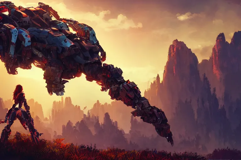 Image similar to ravager machine mecanical creature robot of horizon forbidden west horizon zero dawn radiating a glowing aura global illumination ray tracing hdr fanart arstation by ian pesty and alena aenami artworks in 4 k