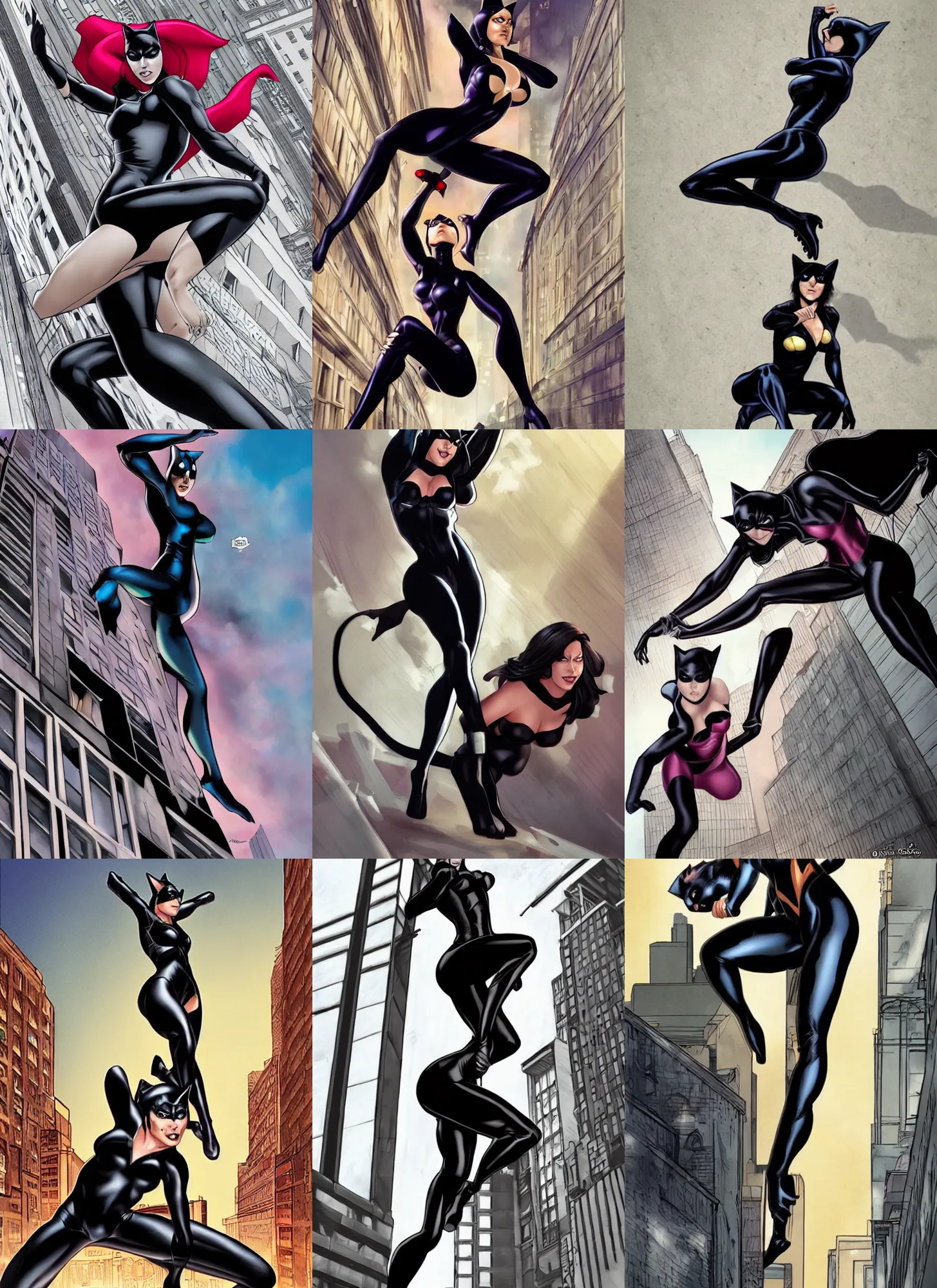 Prompt: Cat Women crouches on edge of building, in style of Mark Brooks and Artgerm