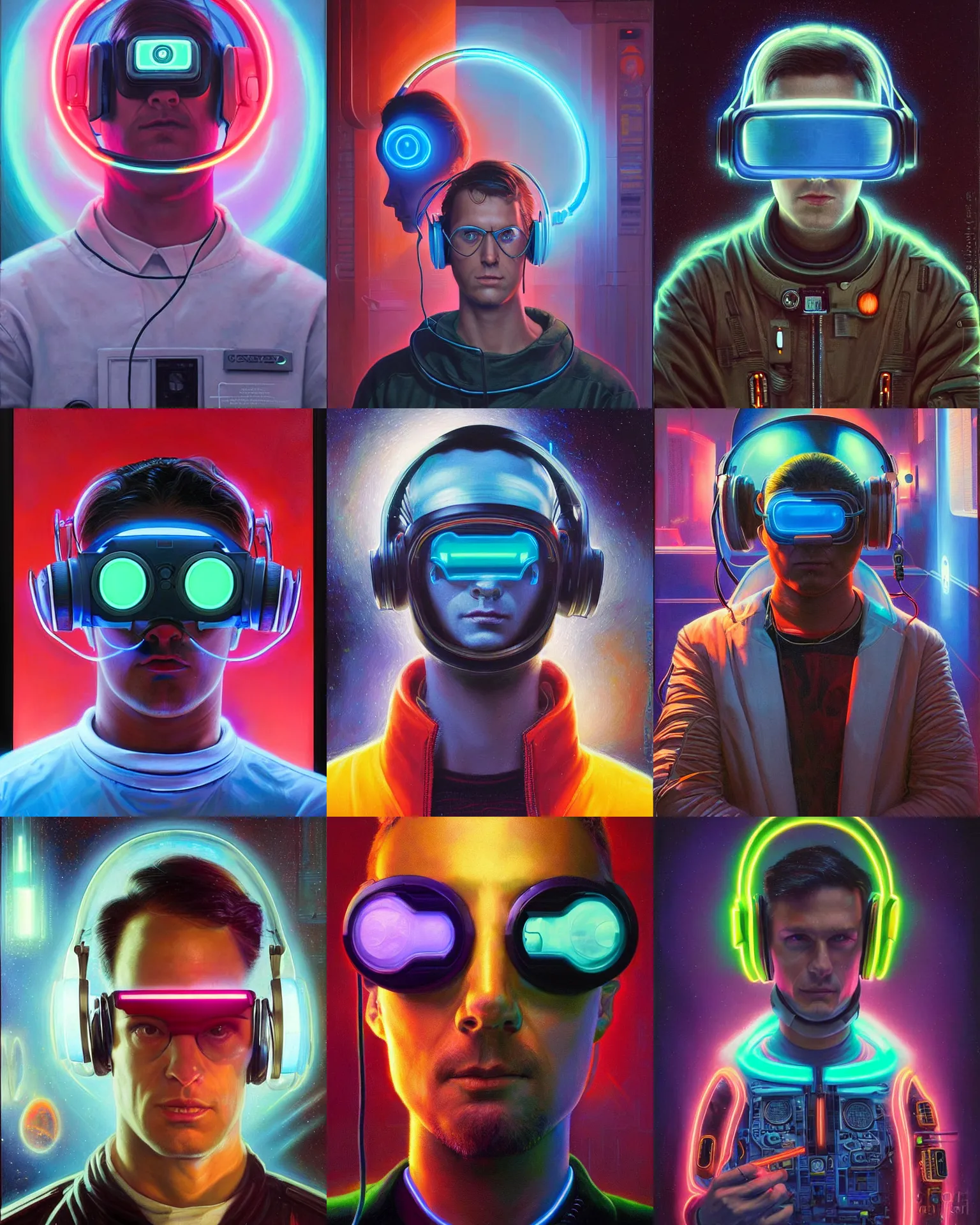 Prompt: neon cyberpunk programmer with glowing cyclops visor over eyes and sleek headphones headshot desaturated portrait painting by donato giancola, dean cornwall, rhads, tom whalen, alex grey astronaut fashion photography