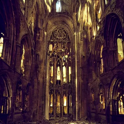 Prompt: inside a decaying cathedral with chandeliers-made-of-skulls, volumetric lighting, shafts of light, cinematic