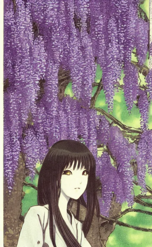 Prompt: by akio watanabe, manga art, a girl and wisteria tree, trading card front, kimono, realistic anatomy, half moon in the background