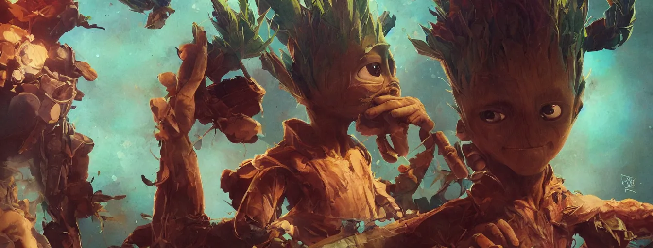 Image similar to duotone concept illustration 3 / 4 portrait of baby groot wearing cannabis hat, hemp, marijuana!, cinematic volumentric lighting, jim cheung, david marquez, mike deodato jr, ilya kuvshinov, makoto shinka, behance hd by jesper ejsing, by rhads, hyper detailed, octane render, concept art, artstation