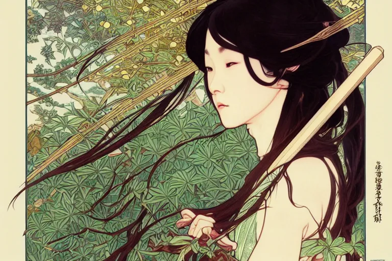 Image similar to beautiful cinematic fantasy poster, asian woman 4 arms side view using a bokken in forest ; intricate complexity, by shigenori soejima, krenz cushart, alphonse mucha, takato yamamoto, conrad roset, 4 k, beautiful, high quality - h 9 6 0