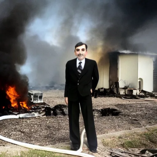 Prompt: a photo of a house burning down in the background and mr. bean with an eerie expression in the foreground, strong depth of field