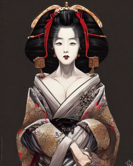 Image similar to portrait of a geisha, baroque style, elegant, beautiful, mesmerizing, concept art, highly detailed, artstation, behance, deviantart, inspired by innocent manga, inspired by castlevania concept art, trending, ayami kojima, shinichi sakamoto